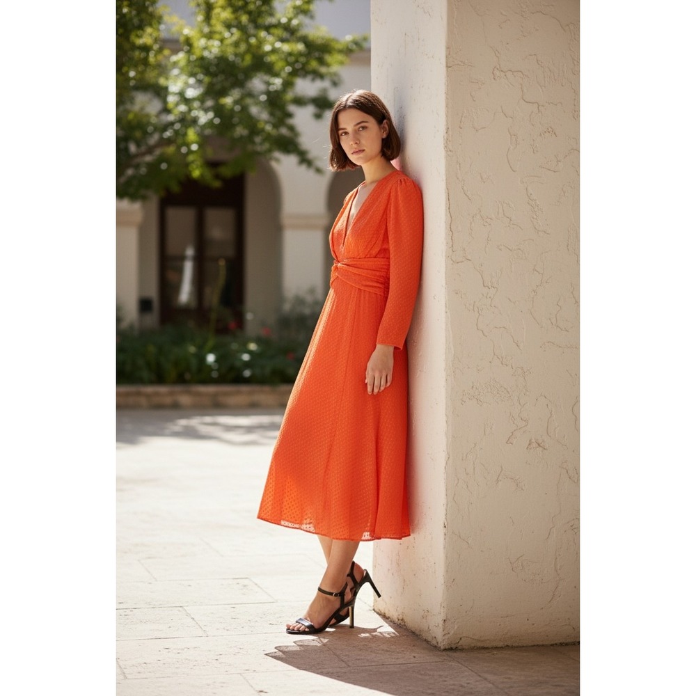 Thurley Eden Serpent Silk Midi Dress Sz 4 Lava Orange Twist‎ Waist Cocktail